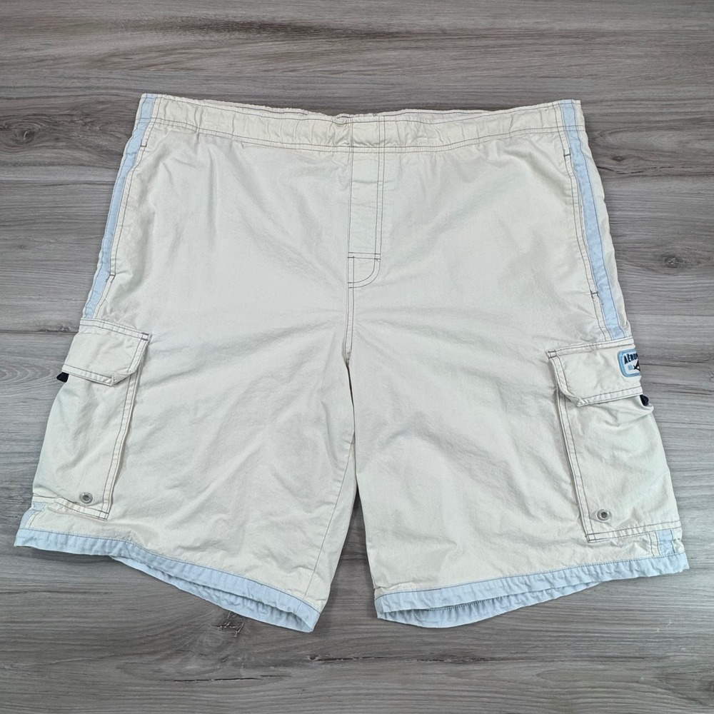 VTG Aeropostale Mens Cargo Board Shorts Cream Blue Mesh Lined Swim Trunks Large